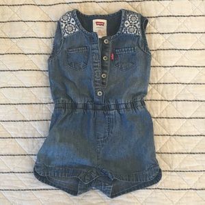 Levi’s Baby Girl 6/9mo Denim Onesie Romper Lace Embroidery Button Up